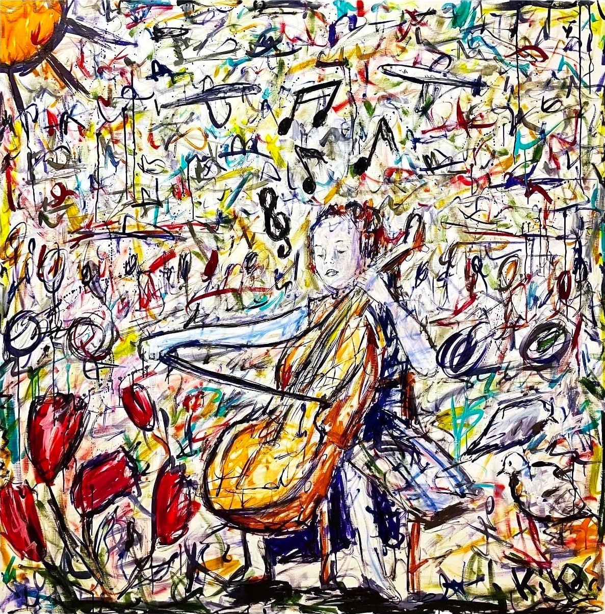 Kiko - Contrebasse 2021, Acrylique, encre de chine et résine sur toile 150 x 150 cm | 59 1/10 × 59 1/10 in Unique © Marciano Contemporary